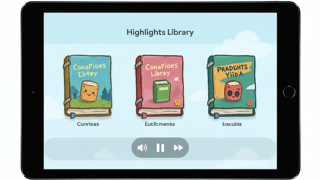 Highlights Library Ӧ��������չʾ������Ϊƽ�������Ļ�����־��У��Ű����������ͨ���£�ϸ�ڰ�����ɫ�鼮�������Ƶ���Ű�ť�����ʸ��壬�ɾ����޶���Ԫ��