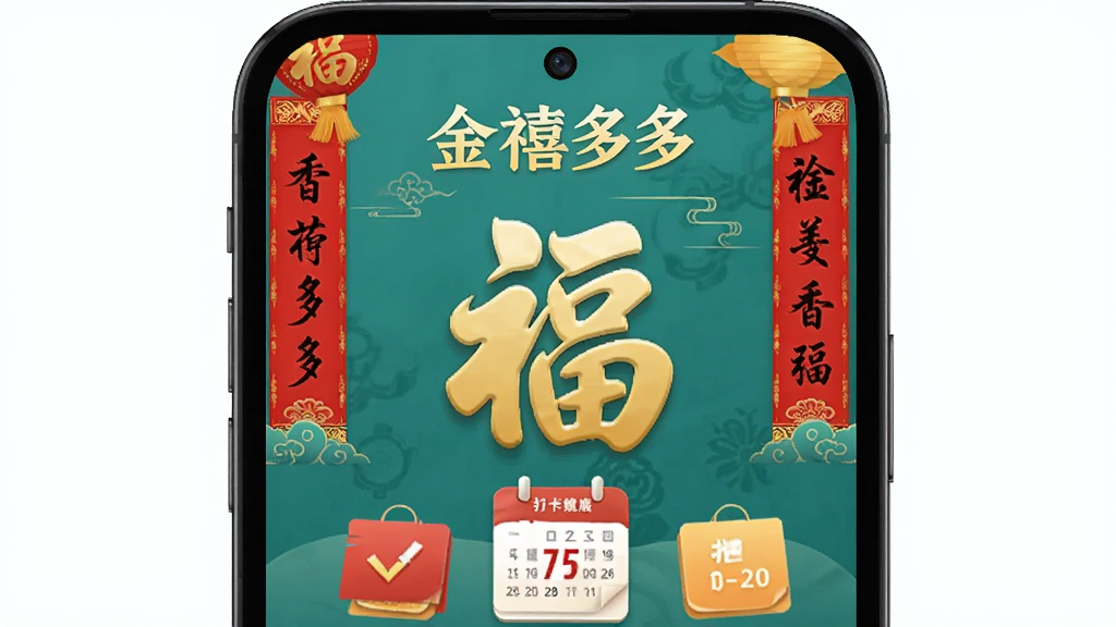 主体为手机屏幕显示金禧多多应用界面,布局为居中展示,排版清晰,风格为清新喜庆中国风,细节包含对联文字、金色福字、打卡日历图标,画质高清干净无多余元素