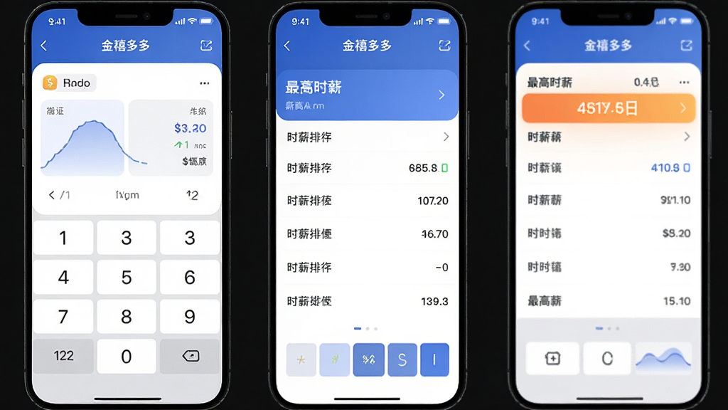 主体为金禧多多应用内薪资对比界面,布局为上下结构,排版简洁,风格为现代商务,细节包含数字键盘、时薪排行列表、高亮最高时薪,画质清晰干净无多余元素