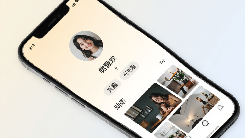 �����𻶸�����ҳչʾ���棬����ͷ���ǳơ���Ȥ��ǩ�Ͷ�̬��ᣬ�ֻ���Ļչʾ������Ϊǳɫ���䣬UI��Ƽ���ִ��������������޶���Ԫ��