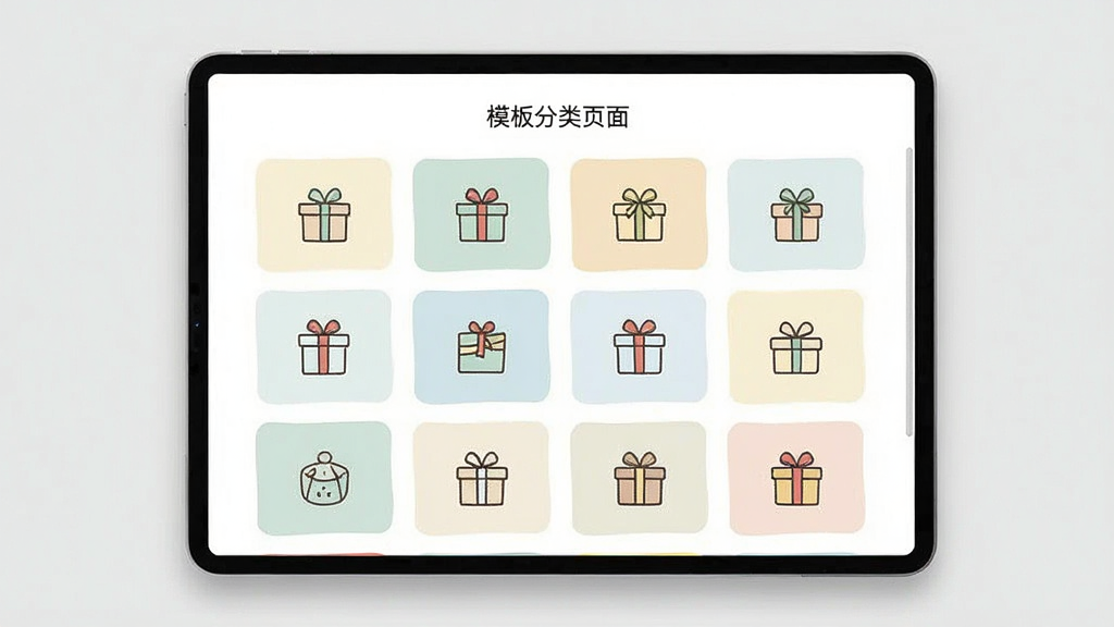 贺卡制作 模板分类页面 展示多个节日图标 网格布局 清新浅色 简约风格 高清画质 干净无多余元素