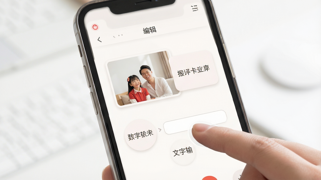 贺卡制作 编辑界面 展示替换图片与文字输入 手机操作手势 柔和圆角 简洁风格 高清画质 干净无多余元素