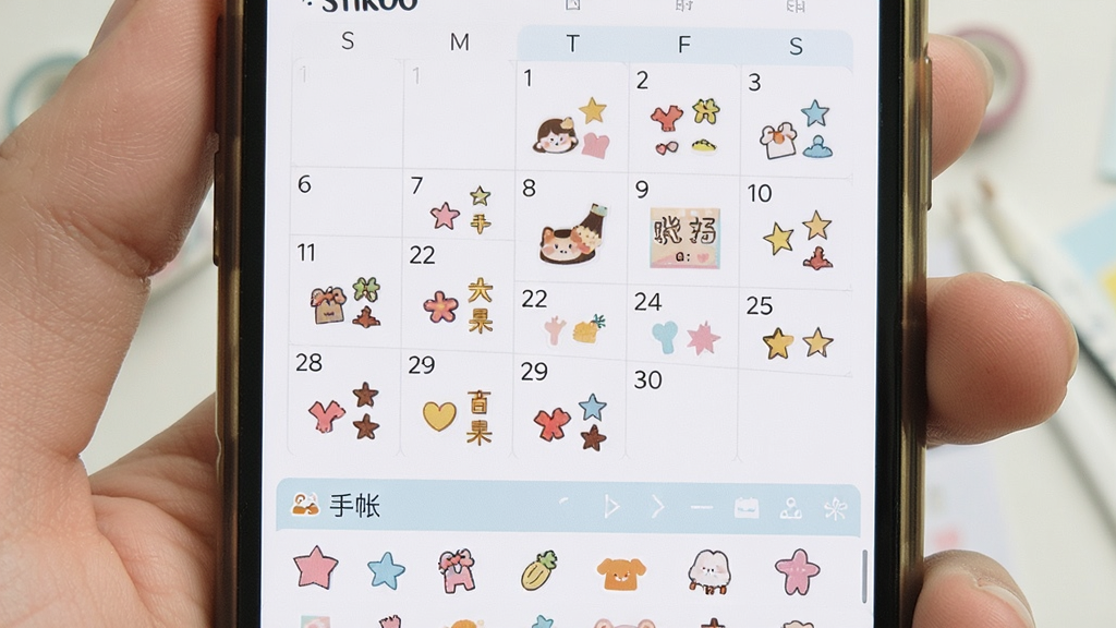 Stikoo贴纸手帐月历视图,手机屏幕显示一个月历界面,每个日期格子里有小贴纸缩略图,底部有贴纸手帐列表,布局为上下结构,排版清晰,风格为清新浅色系,细节包含日期数字和彩色小贴纸图标,画质高清,干净,无多余元素