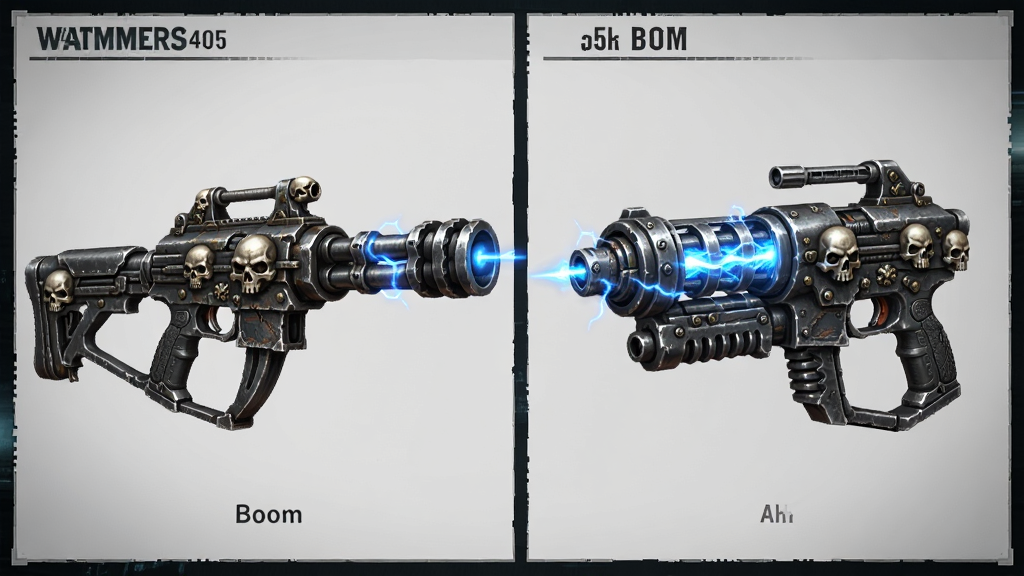 ս��40K����ʸǹBoom ����չʾ������Ϊ��ʸǹ�͵�����ǹ����չʾ������Ϊ���ҶԳƣ��Ű�Ϊ��Ϸ����ͼ����񣬷��Ϊ���ڿƻã�ϸ�ڰ���ǹе�����ʸС�ս��40K��־������װ�κ���ɫ������Ч�����ʸ��壬�ɾ����޶���Ԫ��
