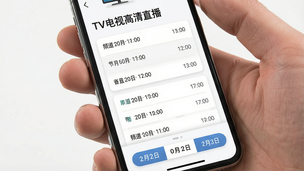 �ֻ���ĻչʾTV���Ӹ���ֱ����Ŀ���б����棬��ɫ��������࿨Ƭʽ���֣�������ʾ��TV���Ӹ���ֱ�������֣��в�ΪƵ����Ŀʱ������ײ�Ϊ�����л���ť����ƽ����Ʒ��ϸ���������߻��ʣ��ɾ��޶���Ԫ��