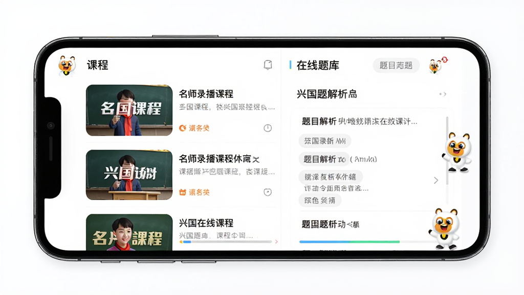 兴国在线APP界面展示,主体为手机屏幕中显示名师录播课程列表和在线题库界面,布局为左右分栏左侧课程封面右侧题目解析,排版简洁清晰,风格为现代教育类应用UI,细节包括国仔IP形象点缀和进度条元素,画质高清干净无多余元素