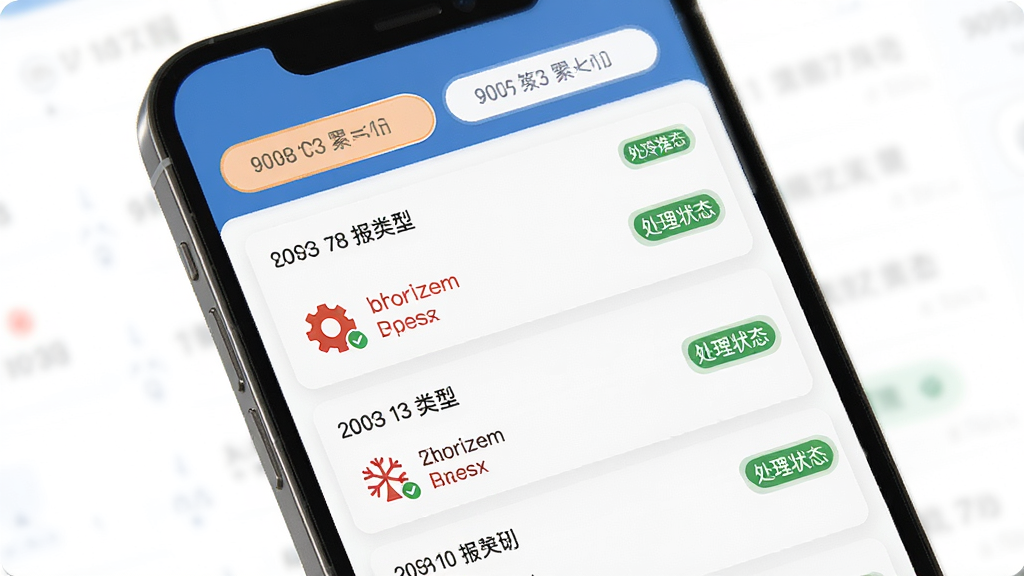 捷依冷库报警数据列表页面,主体为手机屏幕展示多条报警记录,布局为顶部筛选标签加下方条目列表,排版规整有序,风格为清爽实用风,细节包括报警时间、报警类型图标、处理状态标签,画质高清,干净,无多余元素