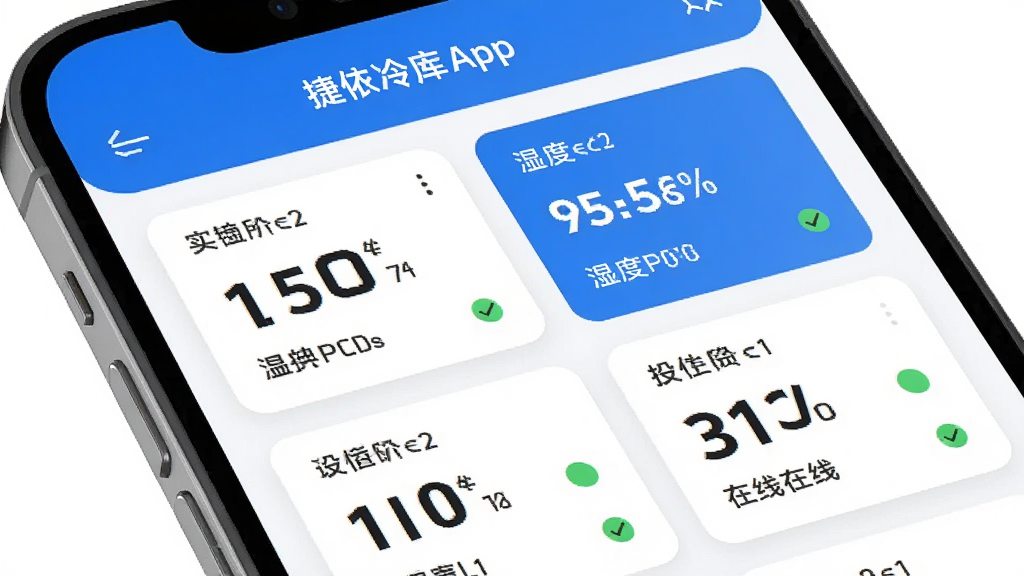 捷依冷库App首页展示多个冷库实时温度数据面板,主体为手机屏幕界面,布局为顶部标题栏加卡片式数据列表,排版清晰整齐,风格为现代简约科技风,细节包括温度数值、湿度百分比、设备在线状态图标,画质高清,干净,无多余元素