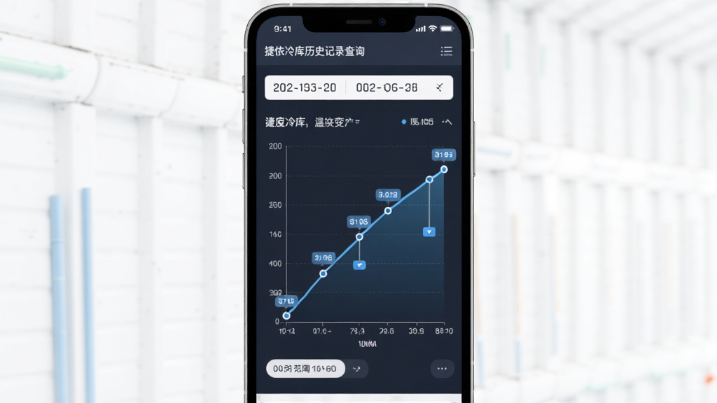 捷依冷库历史记录查询页面,主体为手机屏幕显示温度变化折线图,布局为上方日期选择器加下方曲线图,排版简洁明了,风格为商务数据可视化风,细节包括坐标轴刻度、数据点标注、时间范围选项,画质清晰,干净,无多余元素