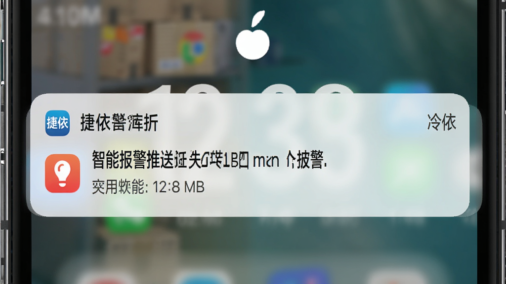 捷依冷库智能报警推送功能示意图,主体为手机锁屏界面弹出报警通知,布局为通知横幅加应用图标,排版简洁醒目,风格为实用工具风,细节包括报警文字内容、时间戳、应用名称,画质清晰,干净,无多余元素
