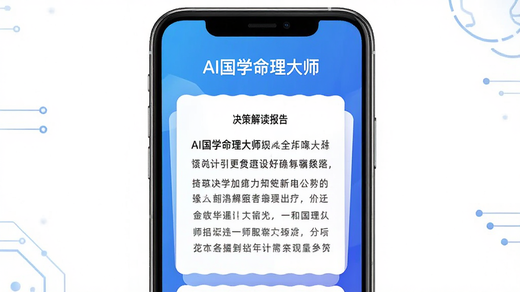AI国学命理大师应用界面展示,主体为手机屏幕中显示决策解读报告,布局为居中展示手机正视图,排版为上方软件名称“AI国学命理大师”下方报告内容区域,风格为简约科技感,细节为蓝色渐变背景与白色卡片式报告,画质高清干净无多余元素