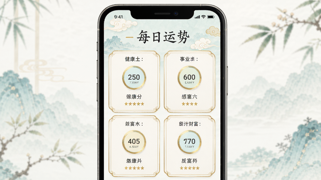 AI国学命理大师每日运势界面,主体为手机屏幕中显示多维运势评分卡片,布局为手机居中放置,排版为上方“每日运势”标题下方健康事业感情财富四个评分模块,风格为清新浅色国风,细节为淡金色边框与圆形评分图标,画质高清干净无多余元素