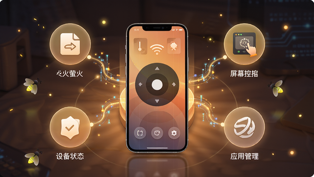 ө��Զ�̿��ƹ�����ɫչʾͼ������Ϊ�ֻ�Զ��Э�������������������һ���ֻ�����Χ�����ļ����䡢��Ļ�ٿء�Ӧ�ù������豸״̬�ĸ�����ͼ�꣬�Ű����״�ֲ��������ů�Ƽ��У�ϸ�ڰ���ө���΢�����ӡ�������������������Ч�������ʸ��壬�ɾ����޶���Ԫ��