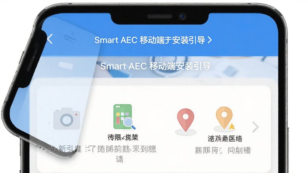 Smart AEC 移动端安装引导页面,主体为手机屏幕显示权限开启步骤,布局为上下排列的图文说明,排版简洁,风格为扁平化工具类界面,细节包含相机、存储、定位图标,画质清晰,干净,无多余元素
