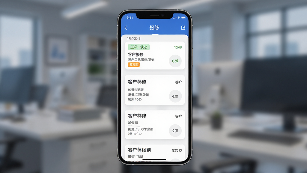 易售后软件界面展示,主体为手机屏幕中显示报修工单列表,布局居中,排版简洁,风格为现代商务科技风,细节包含工单状态标签与客户信息卡片,画质清晰干净无多余元素