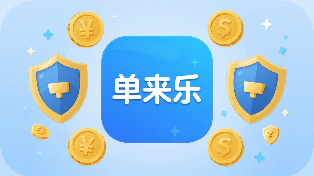 以“单来乐”应用图标为中心,周围环绕金币和盾牌元素,象征收入保障与安全,背景为浅蓝色渐变,布局对称,风格扁平化插画,细节简洁明快,画质高清,干净无多余元素