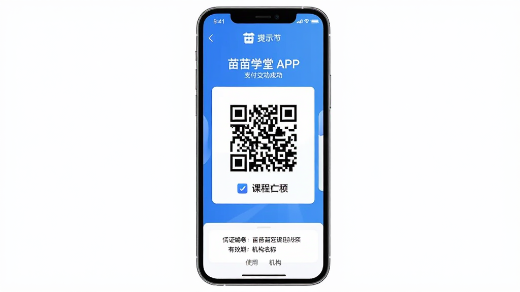 ����ѧ��APP֧���ɹ�ҳ�棬����Ϊ�ֻ���Ļ��ʾ����ƾ֤��ά����γ����ƣ�����Ϊ������ʾ���ּ��в���ά������ӵײ�ʹ��˵�����Ű���жԳƣ����Ϊ��ˬ���׽���Ӧ�ý��棬ϸ�ڰ���ƾ֤��š���Ч����������ƣ����������ɾ��޶���Ԫ��