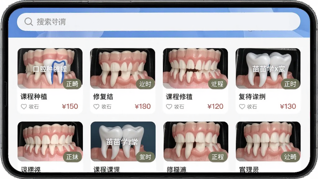 ����ѧ��APP�γ��б�ҳ�棬����Ϊ�ֻ���Ļչʾ��ǻ��ֲ���������޸��ȿγ̷��࿨Ƭ������Ϊ�������������·��������пγ̷��棬�Ű��������򣬷��Ϊ�ִ���Լ������Ӧ�ý��棬ϸ�ڰ����γ�����ͼ����ʱ����ǩ��۸���Ϣ�����������ɾ��޶���Ԫ��