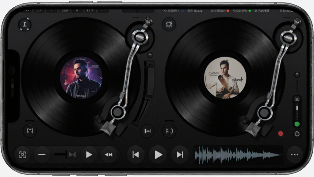DJ�������˫�ڽ��̽����ͼ������������ɫԲ�ε��̣���������ʾר�����棬�ײ��в��ſ��ư�ť�Ͳ���ͼ����ɫ�Ƽ�����ֻ���Ļչʾ������ɾ������޶���Ԫ��