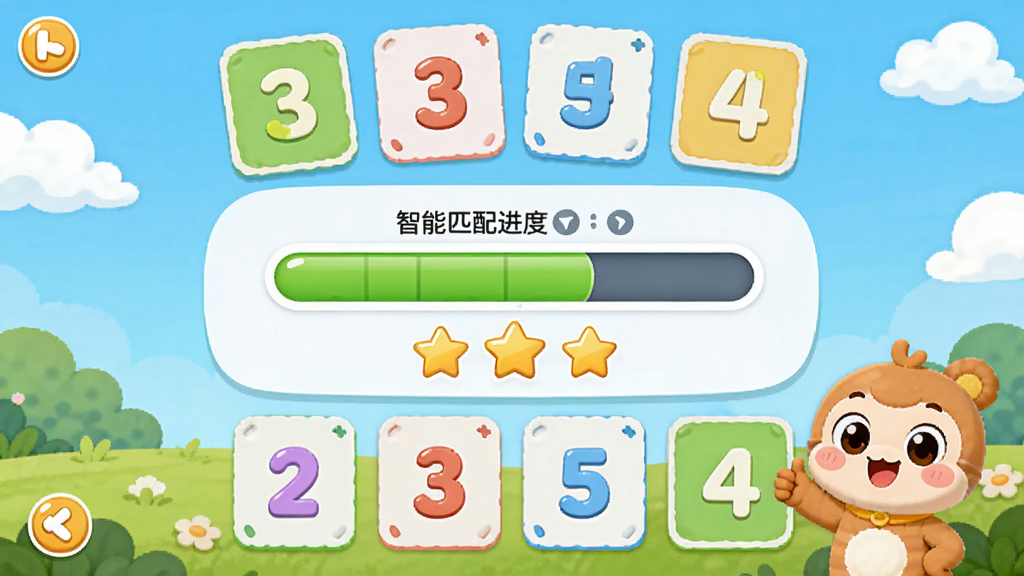 派派趣思维软件界面展示,主体为卡通风格的数学游戏画面,布局中央显示智能匹配进度条和星级评价,排版简洁明快,风格为儿童教育类UI,细节包括彩色数字卡片和可爱吉祥物,画质清晰干净无多余元素