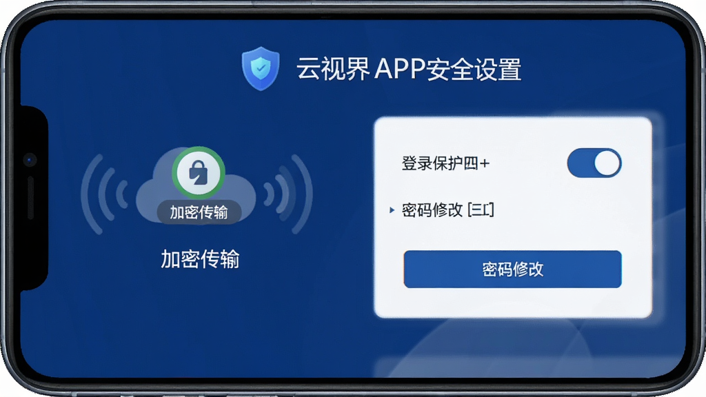 云视界APP安全设置页面截图,展示加密传输标识、登录保护开关和密码修改入口,界面以深蓝色和白色为主,风格专业简洁,干净无多余元素,高清画质