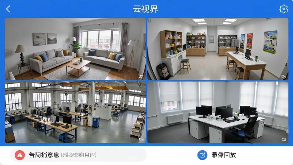一款名为云视界的手机APP界面截图,画面中央展示四个监控画面网格布局,分别显示客厅、店铺、工厂车间和办公室场景,界面底部有告警消息图标和录像回放入口,整体风格简洁现代,蓝色主色调,干净无多余元素,高清画质