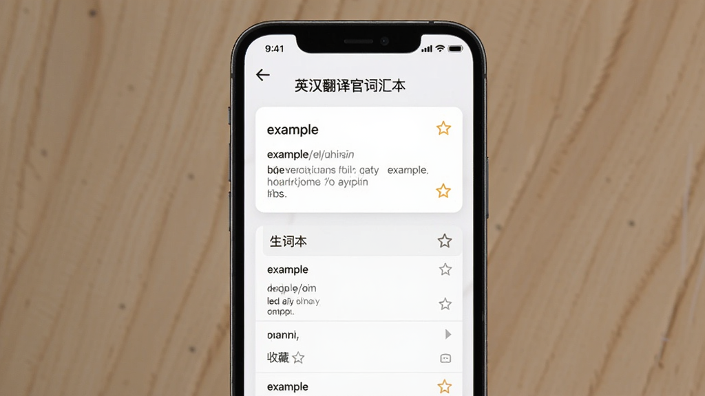 ������Ӣ������ٴʻ㱾ѧϰ���棬����Ϊ�ֻ���Ļ����չʾ����Ļ�ڳ��ֵ��ʿ�Ƭ�����ʱ��б����Ű���ÿ�Ƭʽ�������У����Ϊ����ѧϰ�磬ϸ�ڰ������ʡ�example�������ꡢ���塢�ղ��Ǳ�ͼ�꣬�����������ɾ����޶���Ԫ��