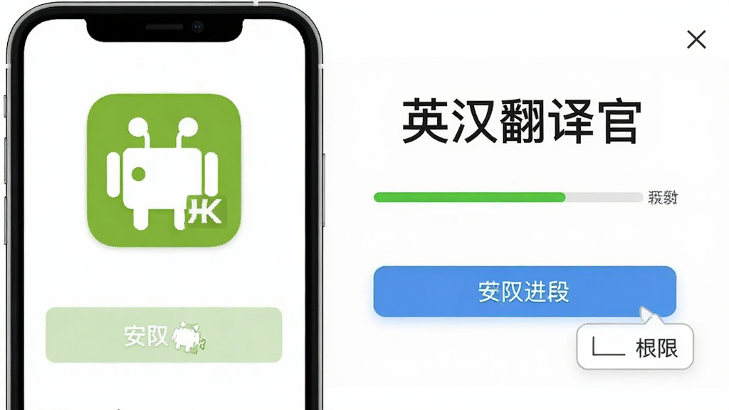 ������Ӣ������ٰ�װ�������棬����Ϊ�ֻ���Ļ�밲װ��ť���ҷֲ����Ű������ͼ���Ľṹ�����Ϊ��๤�߷磬ϸ�ڰ���apkͼ�ꡢ��װ����������Ӣ������١����֡�Ȩ����ʾ���ݣ������������ɾ����޶���Ԫ��