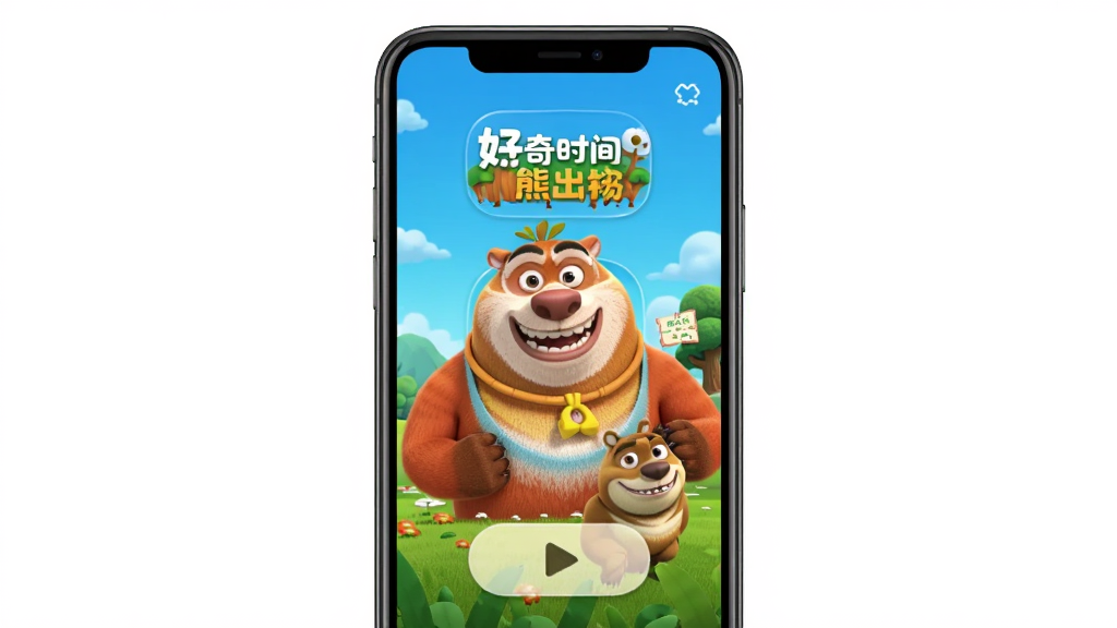 好奇时间应用首页展示熊出没动画海报和绘本故事封面,主体为手机屏幕界面,布局居中排版,风格卡通明亮,细节包含熊大熊二角色图标和播放按钮,画质清晰干净无多余元素