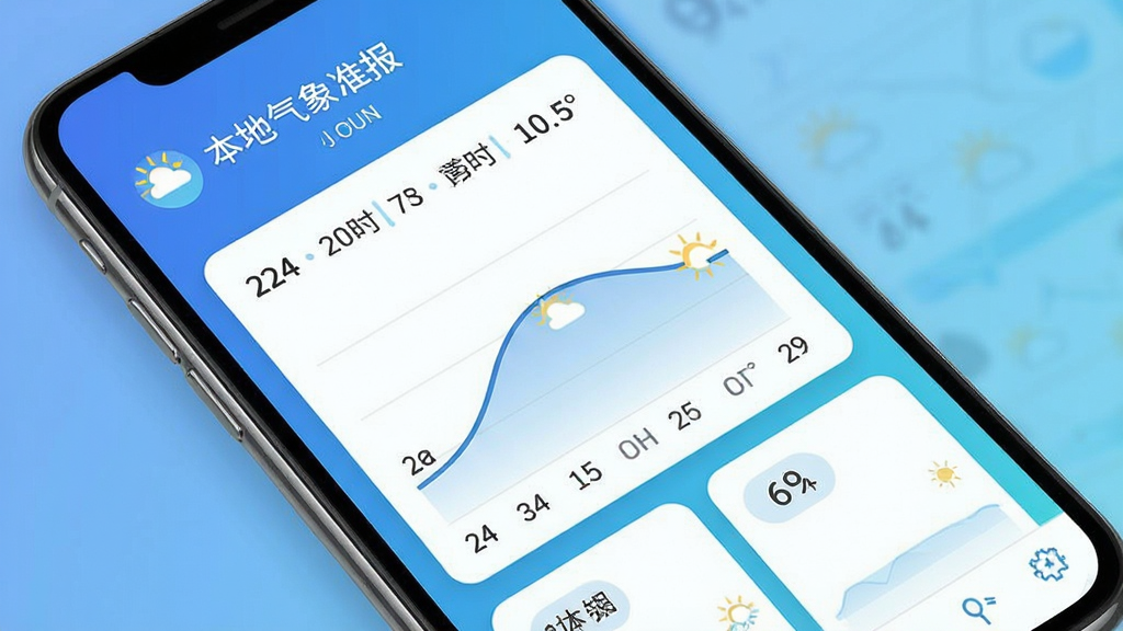 本地气象准时报 手机屏幕显示24小时逐时天气曲线图 蓝色渐变背景 简洁卡片布局 扁平化设计风格 清晰文字标注 画质清晰 干净 无多余元素