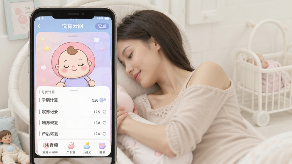 悦育云网 安卓版 母婴辅助应用 孕期计算 喂养记录 产后恢复 哄睡音频 界面展示