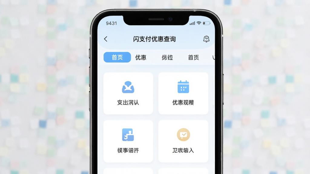 闪支付优惠查询应用首页布局,主体为手机界面展示分类导航和功能卡片,布局为上下结构,排版整齐,风格清新浅色,细节包含图标和文字标签,画质干净无多余元素