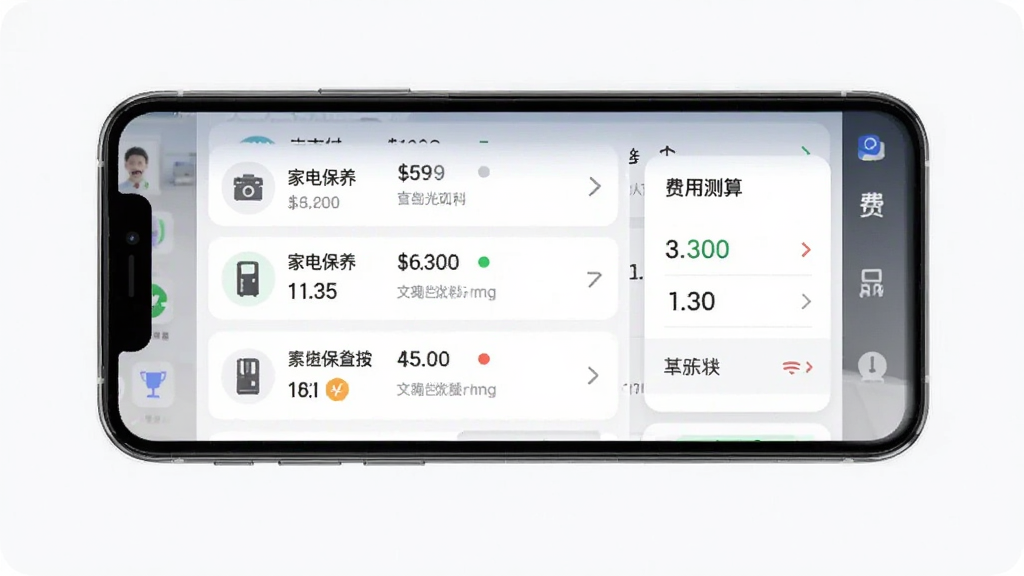 闪支付优惠查询软件界面展示,主体为手机屏幕中显示家电保养列表和费用测算卡片,布局为居中展示,排版清晰,风格简约现代,细节包含图标和数字,画质干净无多余元素