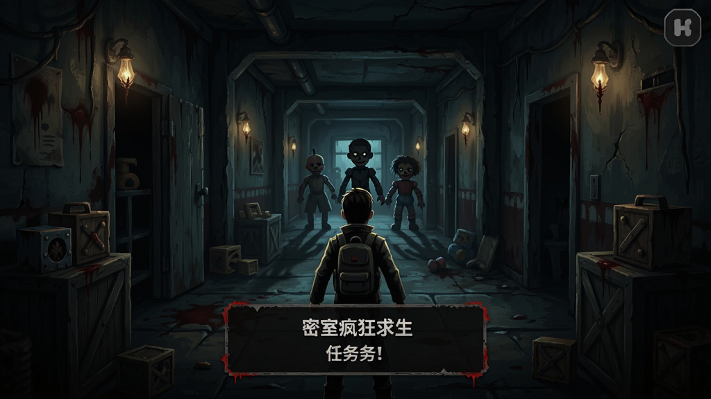 密室疯狂求生游戏主界面,昏暗的玩具工厂走廊,远处有诡异的玩偶身影,画面中央显示角色和任务提示,恐怖冒险风格,细节丰富,画质清晰,干净无多余元素