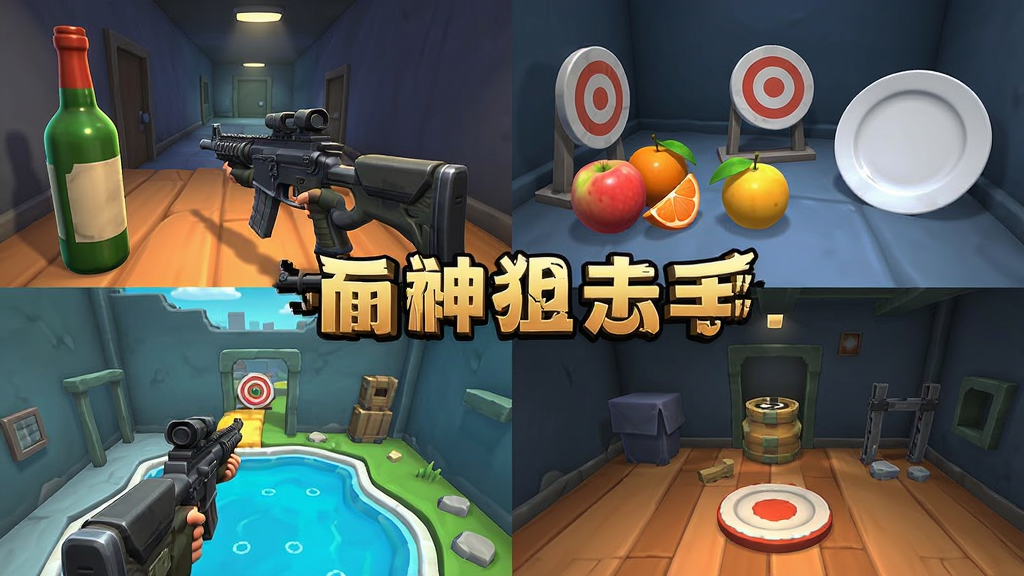 枪神狙击手游戏特色展示图,包含多个关卡场景拼贴,有酒瓶、水果、盘子等目标,3D风格,色彩鲜艳,画面干净,无多余元素