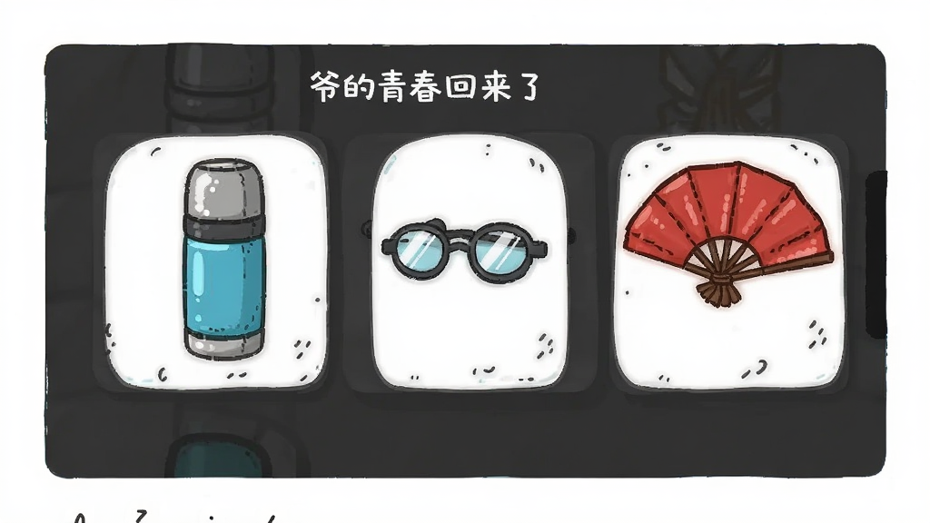 爷的青春回来了 道具背包界面 卡通图标 保温杯 老花镜 太极扇 简洁排版 干净 无多余元素