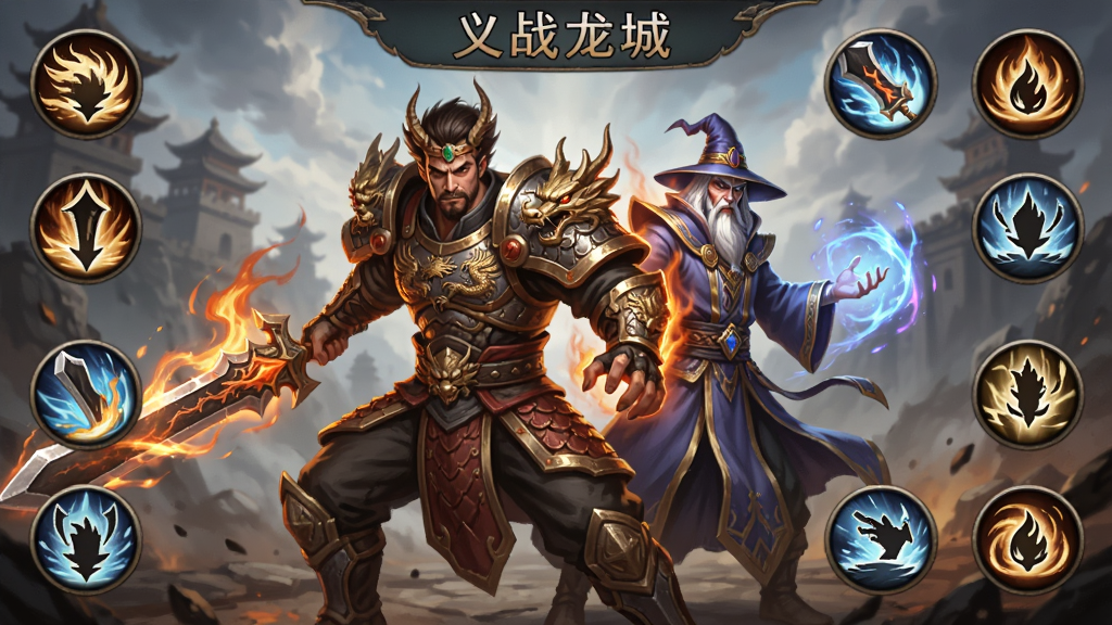 ��ս������Ϸ�����棬����Ϊսʿ�뷨ʦӢ�ۺ����ͷźϻ����ܣ�����Ϊ�����ɫչʾ�����ܼ���ͼ�꣬�Ű�Ϊ������������Ϊ�������дʵ��ϸ�ڰ������������������Ч�����ʸ��壬�ɾ����޶���Ԫ��