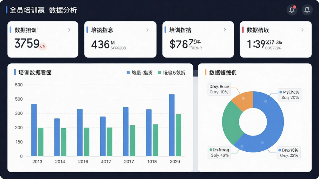 全员培训赢数据分析界面,主体为培训数据看板,布局为上方指标卡下方图表区,排版整齐有序,风格为简约商务风,细节包含柱状图和饼图,画质清晰干净无多余元素