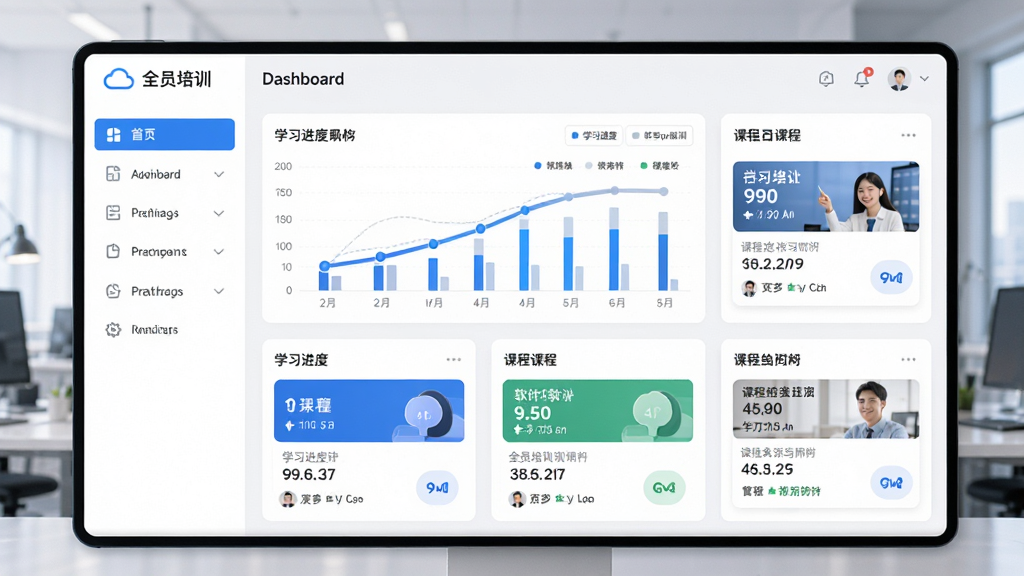 全员培训赢软件界面展示,主体为云端培训平台仪表盘,布局为左侧导航栏右侧数据卡片,排版简洁清晰,风格为现代商务科技风,细节包含学习进度图表和课程卡片,画质高清干净无多余元素