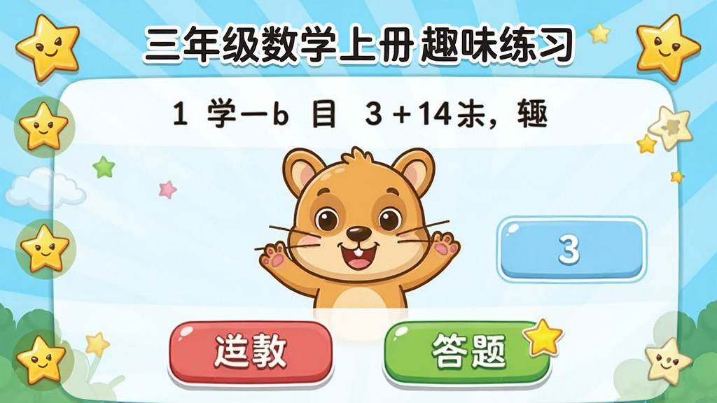 三年级数学上册趣味练习界面,展示一道数学题和答题选项,画面中央有卡通动物形象鼓励答题,布局活泼,排版生动,风格童趣,细节包含彩色按钮和星星奖励图标,画质高清,干净,无多余元素