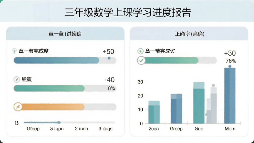 三年级数学上册学习进度报告页面,展示图表和统计数据,包括章节完成度和正确率,布局规整,排版简洁,风格现代,细节包含进度条和百分比数字,画质高清,干净,无多余元素