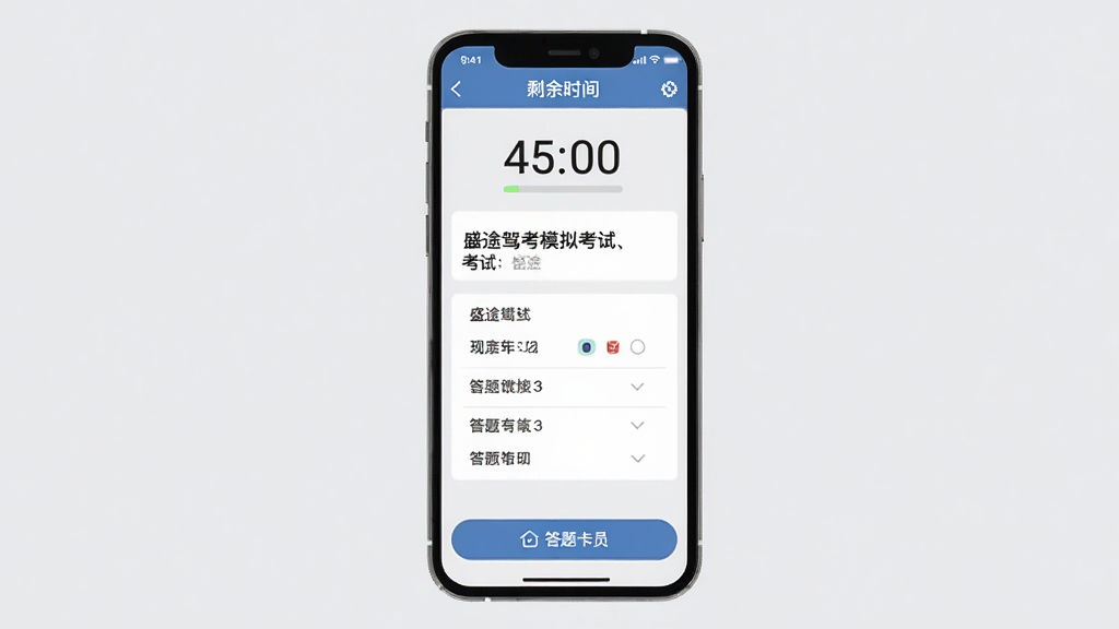 ʢ;�ݿ�ģ�⿼�Խ��棬�ֻ���Ļ��ʾ����ʱ�ʹ��⿨��������ʣ��ʱ�䡰45:00�����м�Ϊ������Ŀ��ѡ��ײ��д��⿨��ڣ�����Ϊǳ��ɫ����������������ɾ����࣬��ƽ����Ʒ�񣬻��ʸ��壬�޶���װ��Ԫ��