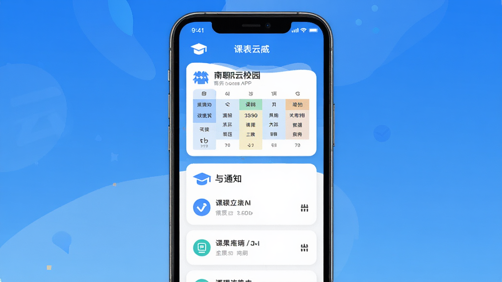 南职云校园APP主界面展示,手机屏幕中显示课表与通知列表,主体为一部竖屏手机,布局居中,排版简洁,风格为扁平化科技风,细节包括蓝色渐变背景、白色卡片、清晰图标,画质高清,干净,无多余元素