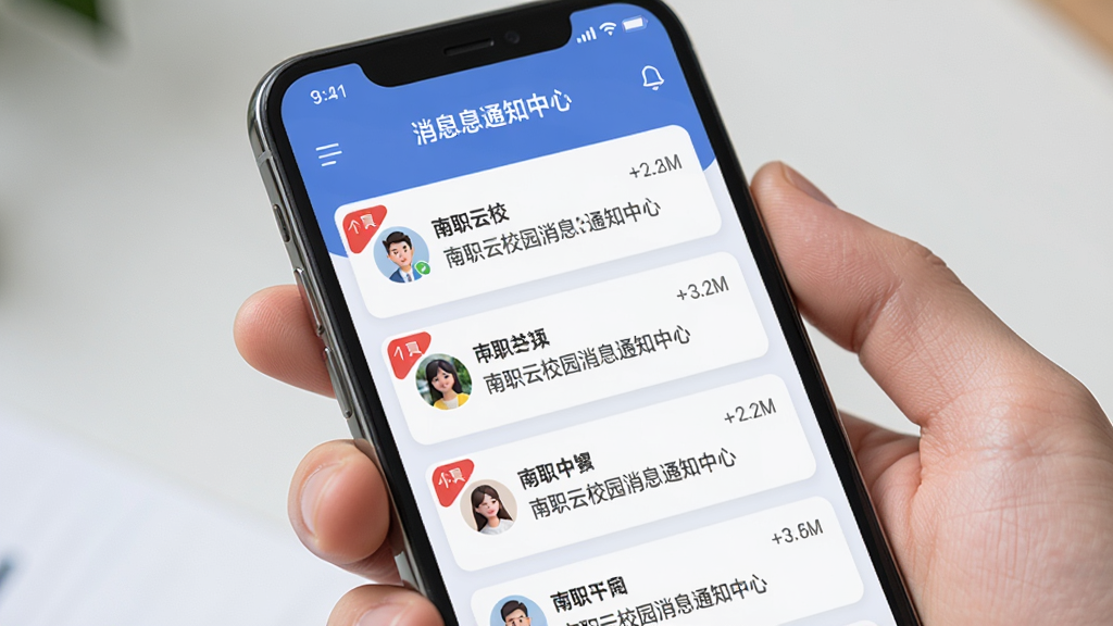 南职云校园消息通知中心界面,手机屏幕显示多条通知卡片,主体为手持手机,布局为特写镜头,排版层次分明,风格为现代简约,细节包括红色未读角标、时间戳、头像图标,画质清晰,干净,无多余元素