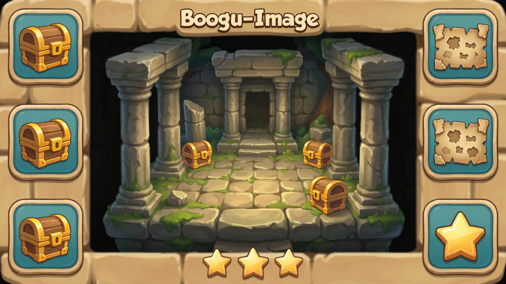 Boogu-Image ����һ���ֻ���Ϸ�����ͼ������Ϊ����ʱ��̽����Ϸ����������Ϊ������ʾ�Ŵ��ż����������ܻ��ƿɵ����������Ʒͼ�꣬�Ű�Ϊ�������ν��棬���Ϊ��ͨдʵ̽�շ磬ϸ�ڰ���ʯ�������䡢��ͼ��Ƭ���������֣����ʸ���ɾ��޶���Ԫ��