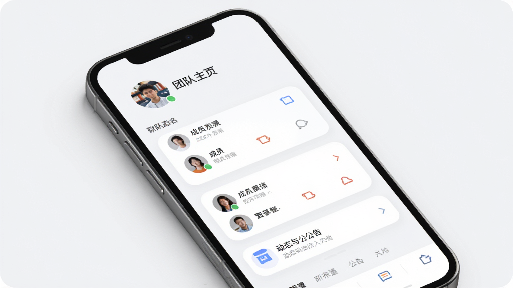 Fanz��Ӫ����������չʾ������Ϊ�ֻ���Ļ���Ŷ���ҳ����ҳ�棬�����Ϸ�Ϊ�Ŷ�ͷ�������ƣ��м�Ϊ��Ա�б���Ƭ���·�Ϊ��̬�빫����ڣ��Ű�������������ִ���ƽ����ϸ�ڰ���Բ�ǿ�Ƭ��ǳɫ������ͼ���׺�����ʸ���ɾ��޶���Ԫ��