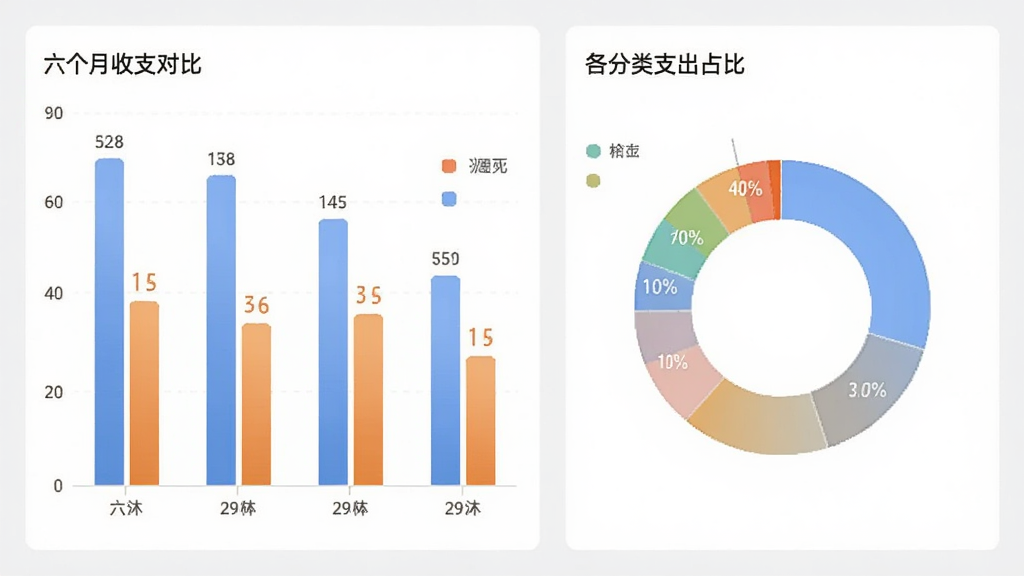 ����App��ͳ�Ʊ���ҳ�棬����չʾ��״ͼ�뻷��ͼ��ϣ���״ͼ��ʾ����������֧�Աȣ�����ͼ��ʾ������֧��ռ�ȣ����汳��Ϊǳ��ɫ��ͼ����ɫ��ͣ�����Լ���񣬻����������޶���װ��Ԫ��