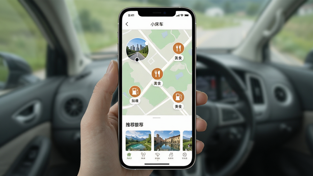 С����APP�ܱ��淨�Ƽ�ҳ�棬�ֻ���Ļ��ʾ��ͼ�ϱ�ע���㡢��ʳ������վͼ�꣬�ײ����Ƽ��б���Ƭ�����������Ȼ�����ֺ�����ϸ�ڷḻ�����ʸɾ����޶���Ԫ��