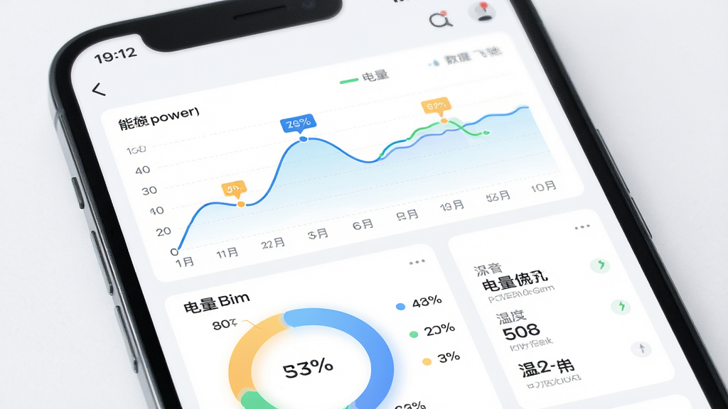 飞驰能源APP数据图表界面,主体为手机屏幕显示多类型能源数据图表,布局为上下排列展示折线图和环形图,排版整齐,风格为清爽浅色系UI,细节包括功率曲线、电量百分比和温度数值,画质高清,干净,无多余元素