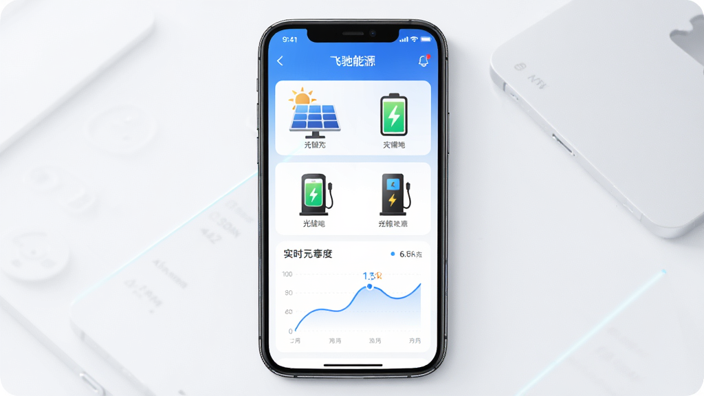 飞驰能源APP界面展示,主体为手机屏幕中显示光储充一体化设备运行数据图表,布局为居中展示手机正视图,排版简洁清晰,风格为现代科技感UI设计,细节包括光伏板图标、电池图标、充电桩图标和实时曲线图,画质高清,干净,无多余元素